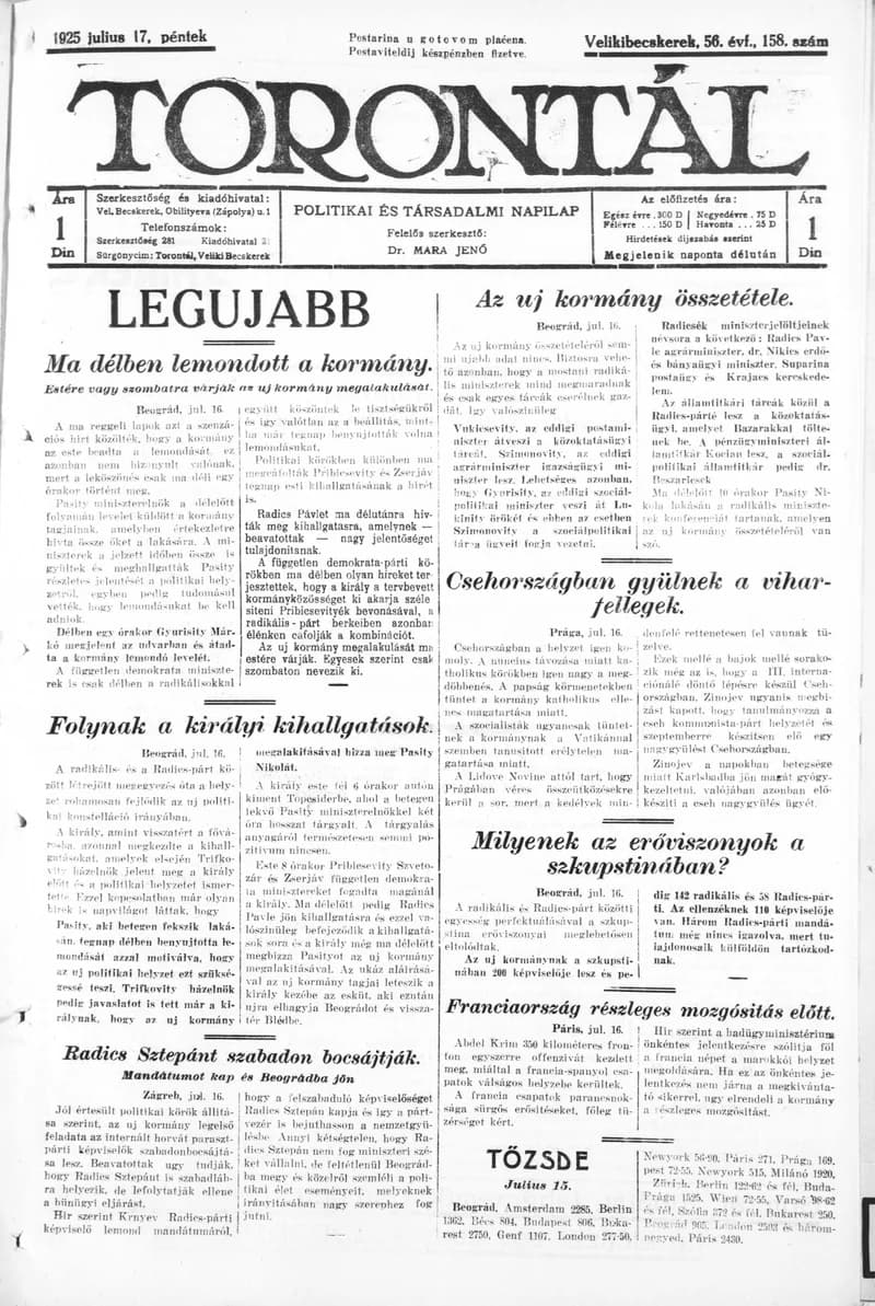 Torontál, 54. évf. 1925. július 17. 158. sz.