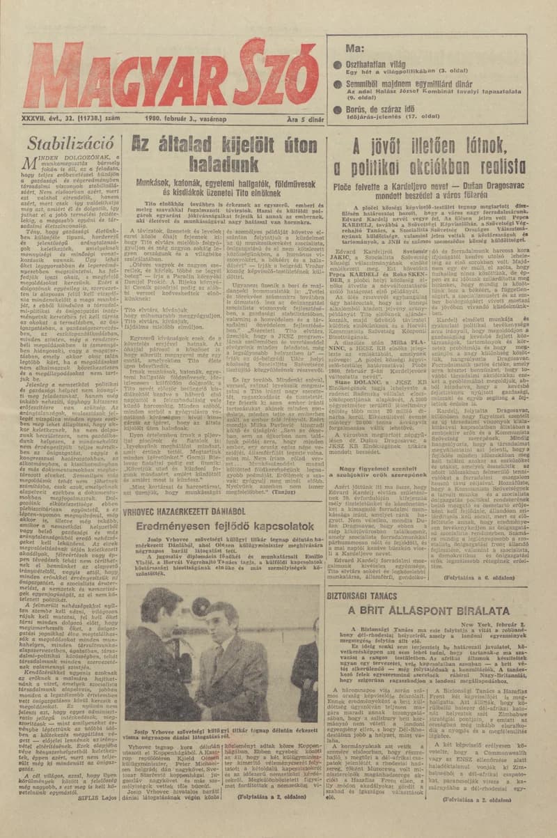 Magyar Szó, 37. évf. 1980. február 3. 32. sz. 1–28. oldal