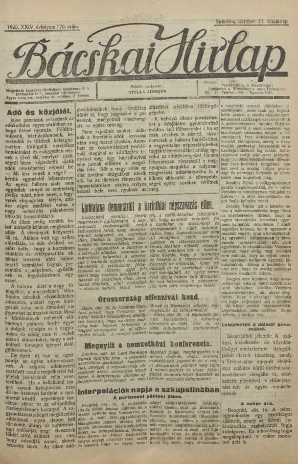 Bácskai Hirlap, 24. évf. 1920. október 17. 176. sz.