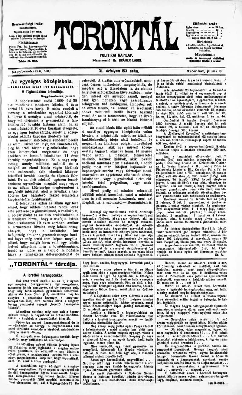 Torontál, 40. évf. 1911. július 8. 153. sz.