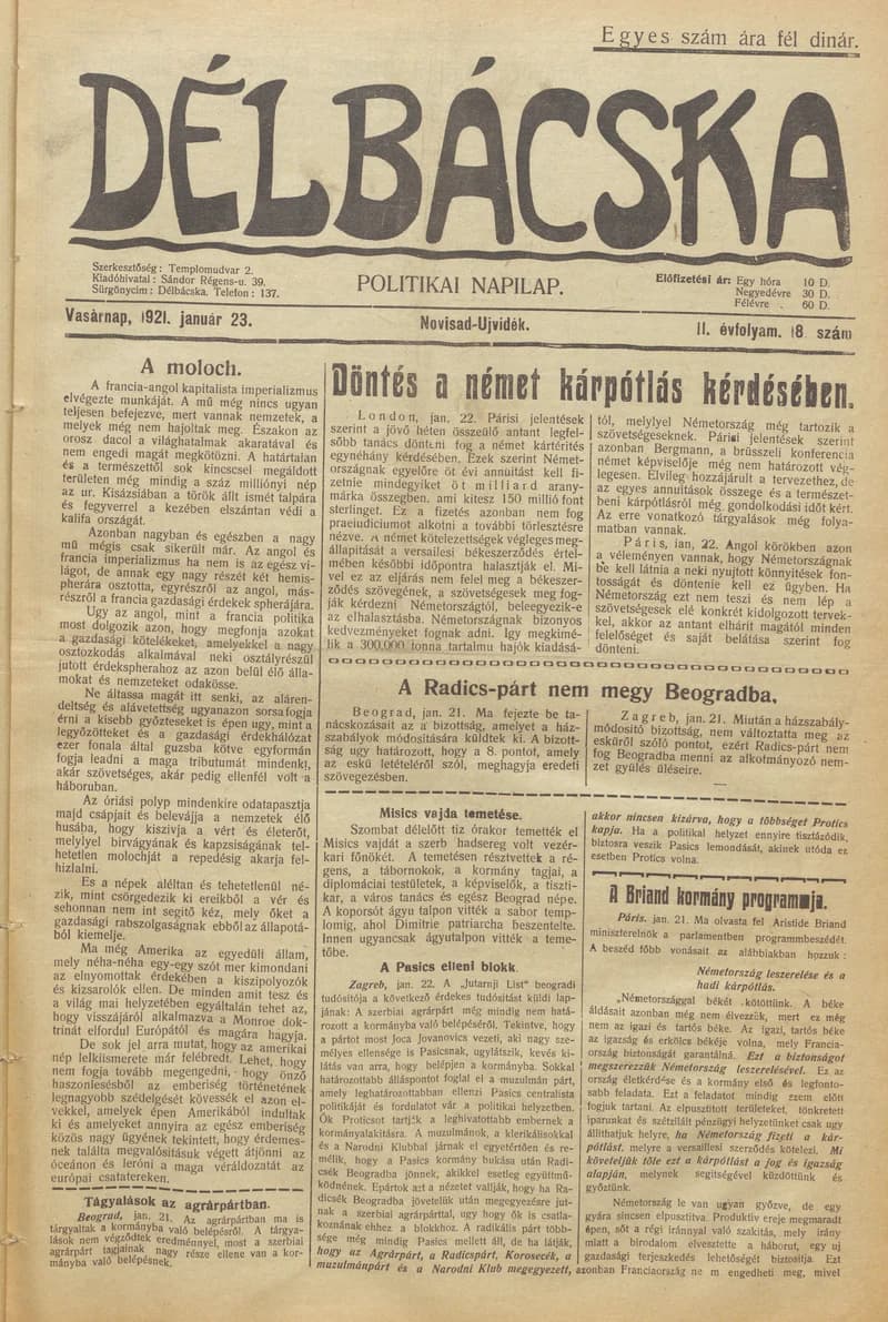 Délbácska, 2. évf. 1921. január 23. 18. sz.