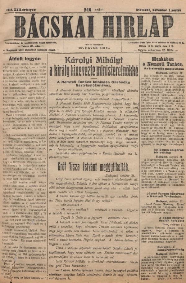 Bácskai Hirlap, 22. évf. 1918. november 1. 246. sz.
