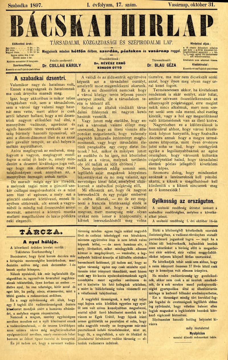 Bácskai Hirlap, 1. évf. 1897. október 31. 17. sz. 1–4. oldal
