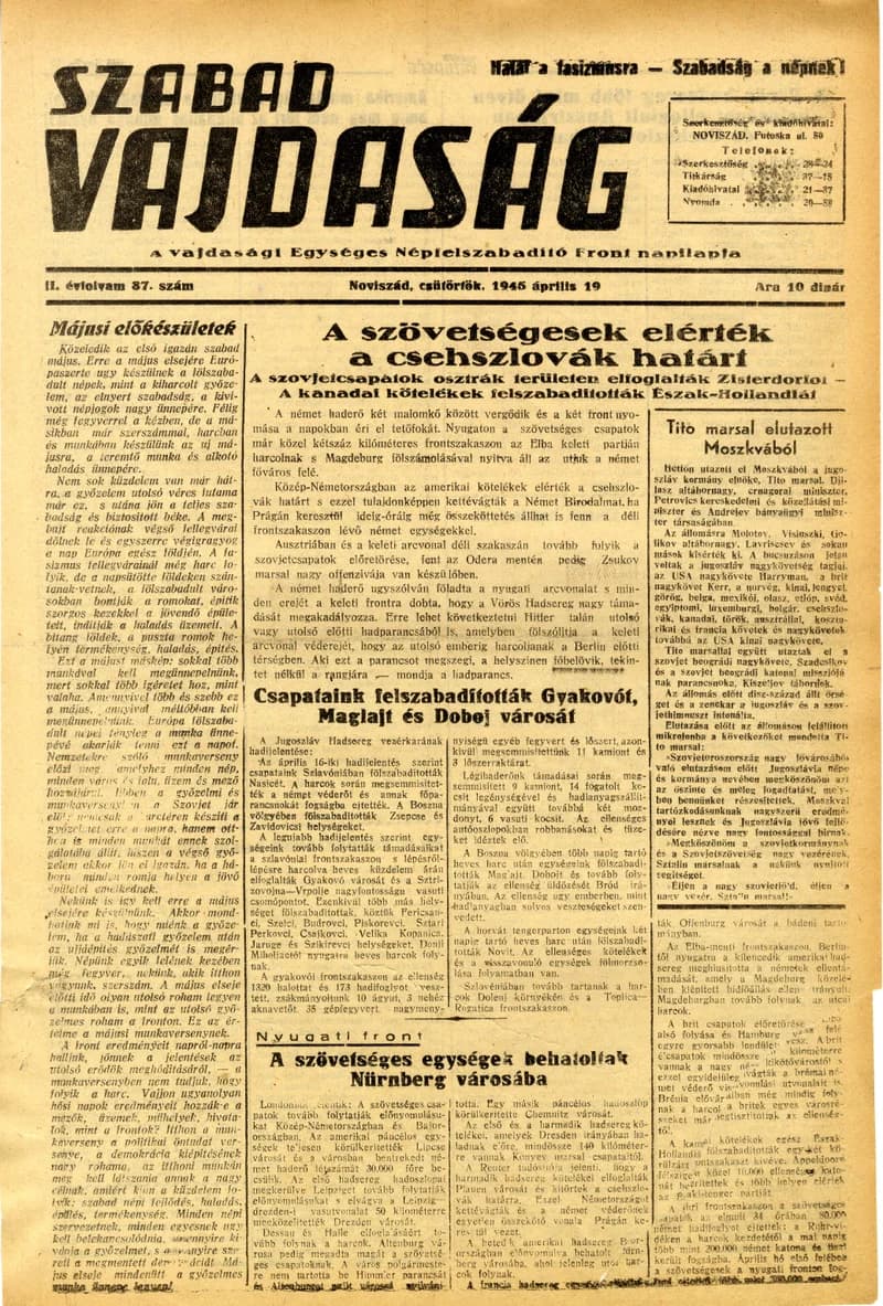 Szabad Vajdaság, 2. évf. 1945. április 19. 87. sz.