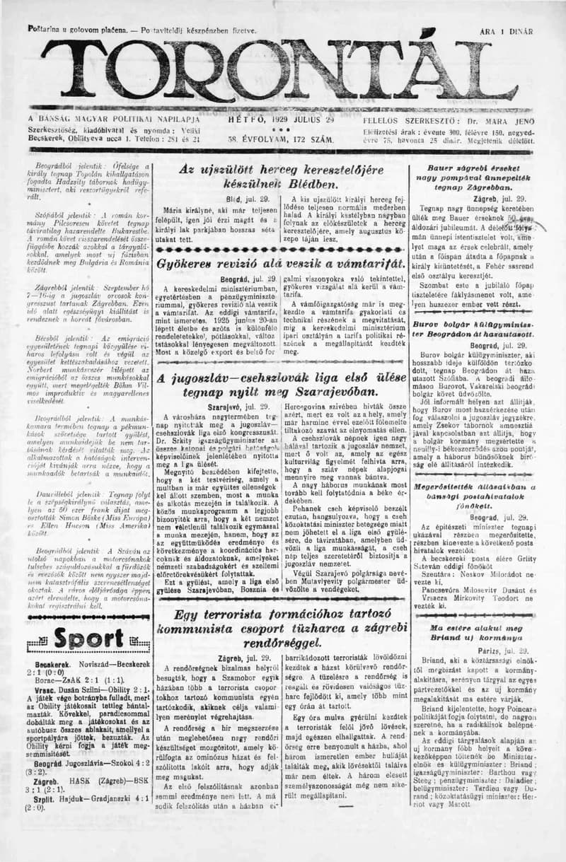 Torontál, 58. évf. 1929. július 29. 172. sz.