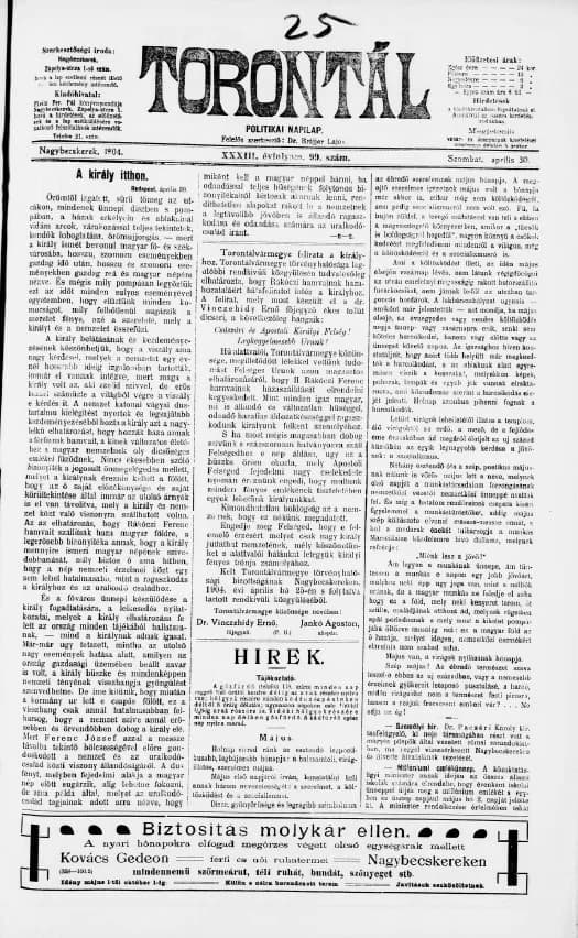 Torontál, 33. évf. 1904. április 30. 99. sz.