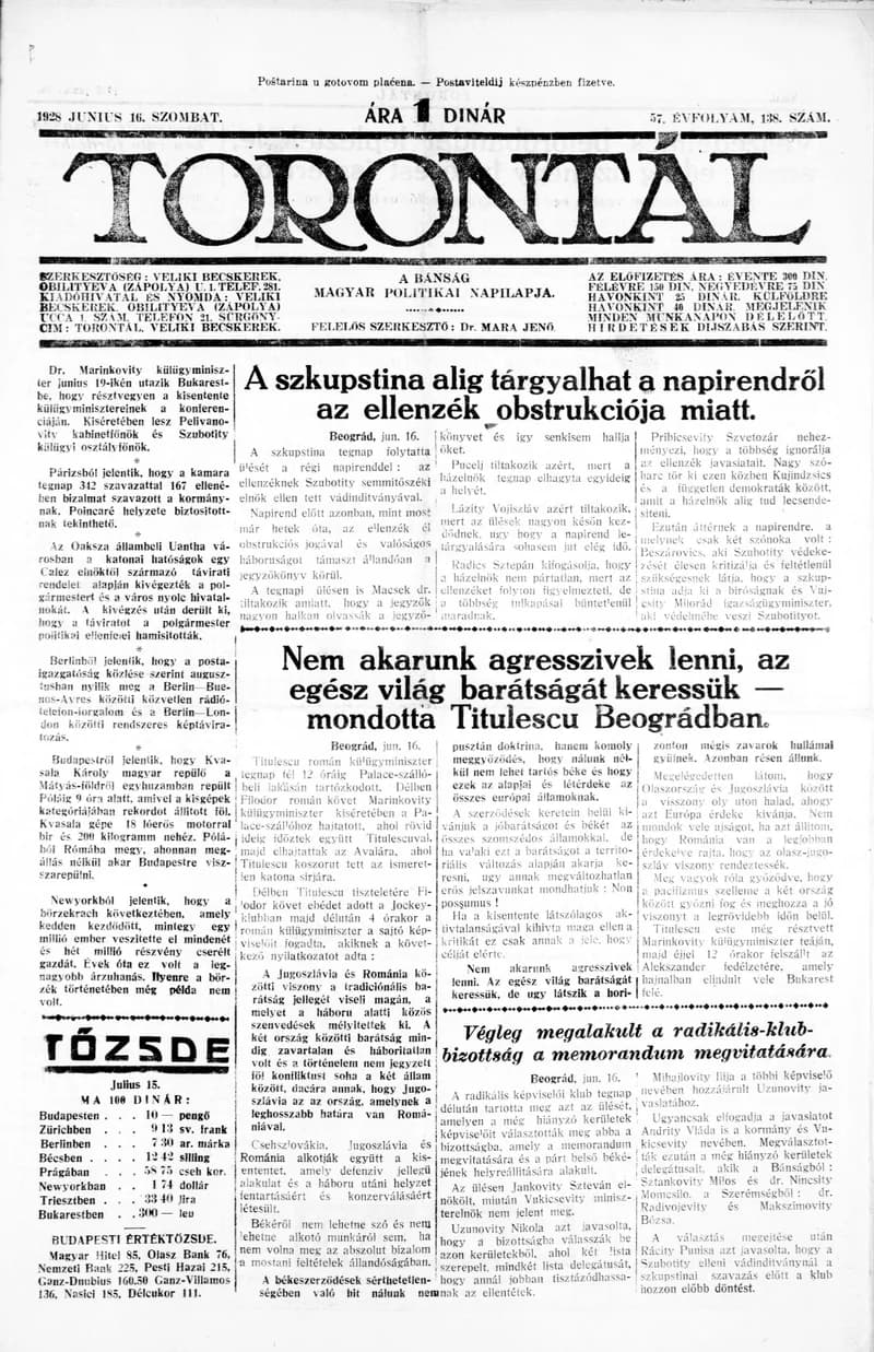 Torontál, 57. évf. 1928. június 16. 138. sz.