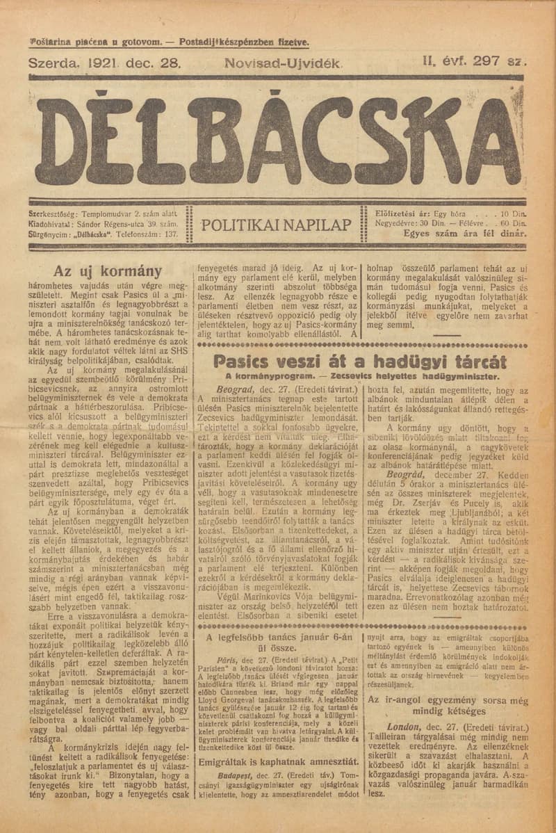 Délbácska, 2. évf. 1921. december 28. 297. sz.
