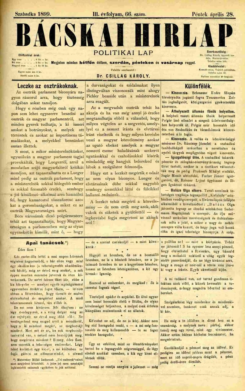 Bácskai Hirlap, 3. évf. 1899. április 28. 66. sz.