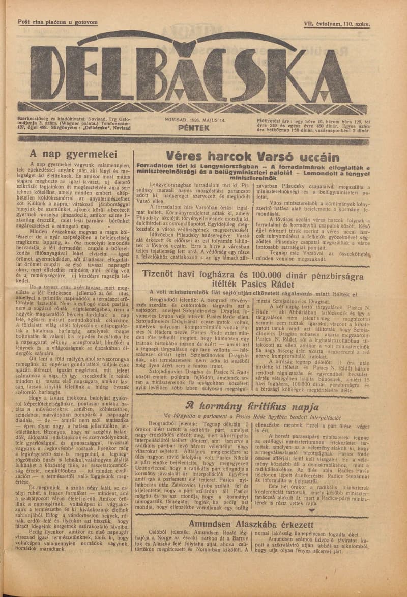 Délbácska, 7. évf. 1926. május 14. 110. sz.