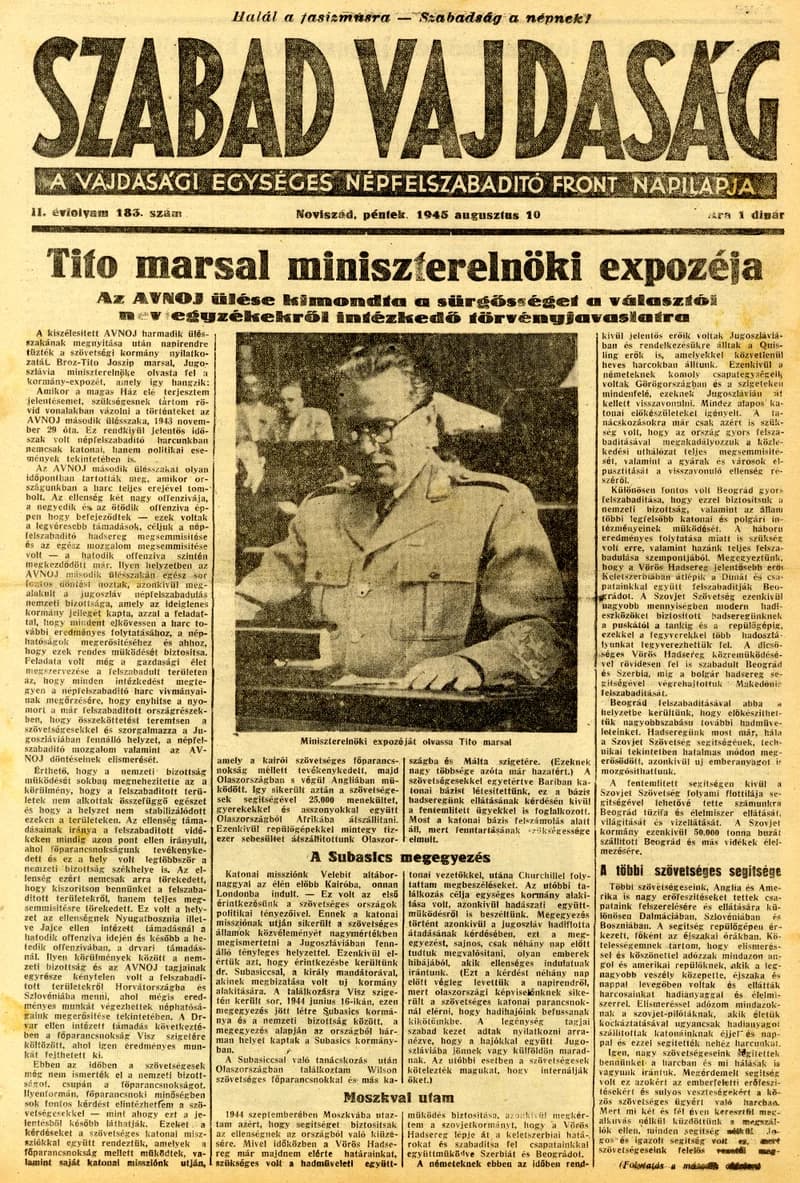 Szabad Vajdaság, 2. évf. 1945. augusztus 10. 183. sz.