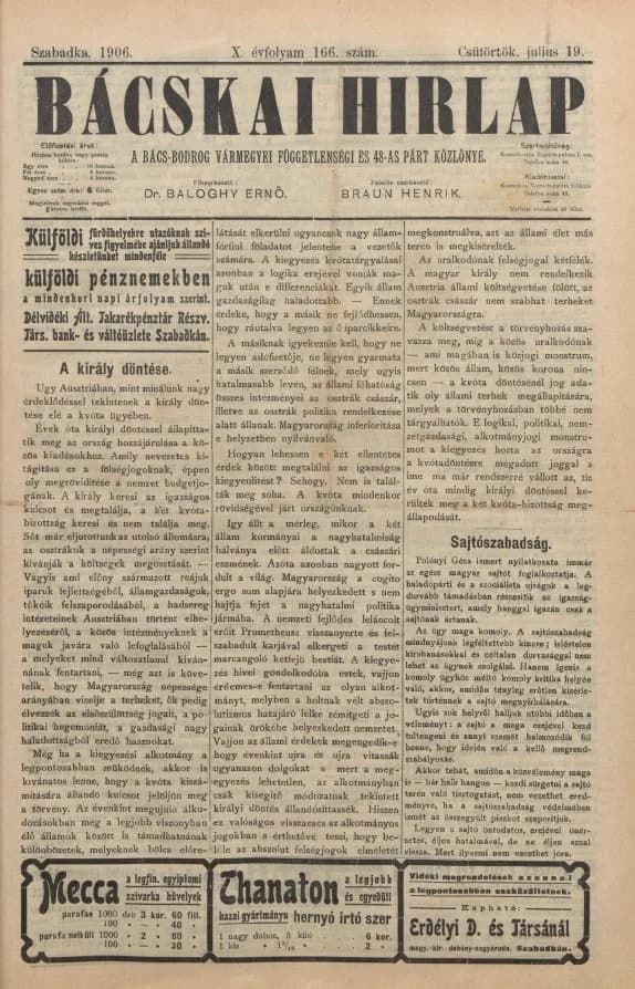 Bácskai Hirlap, 10. évf. 1906. július 19. 166. sz.