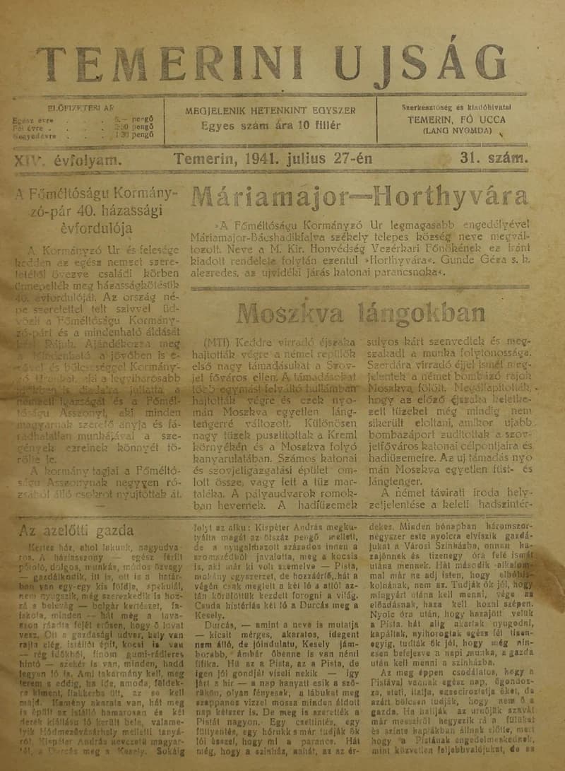 Temerini Újság 1928-1944, 14. évf. 1941. július 27. 31. sz.