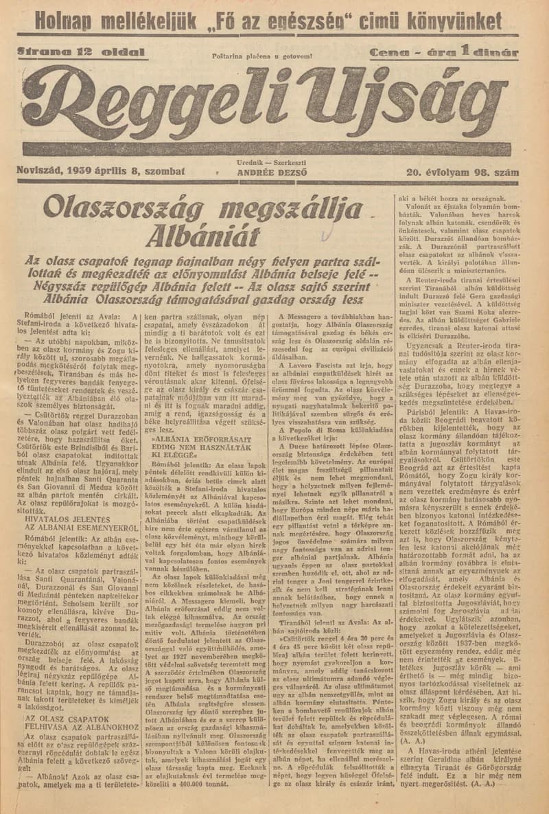 Reggeli Újság, 20. évf. 1939. április 8. 98. sz.