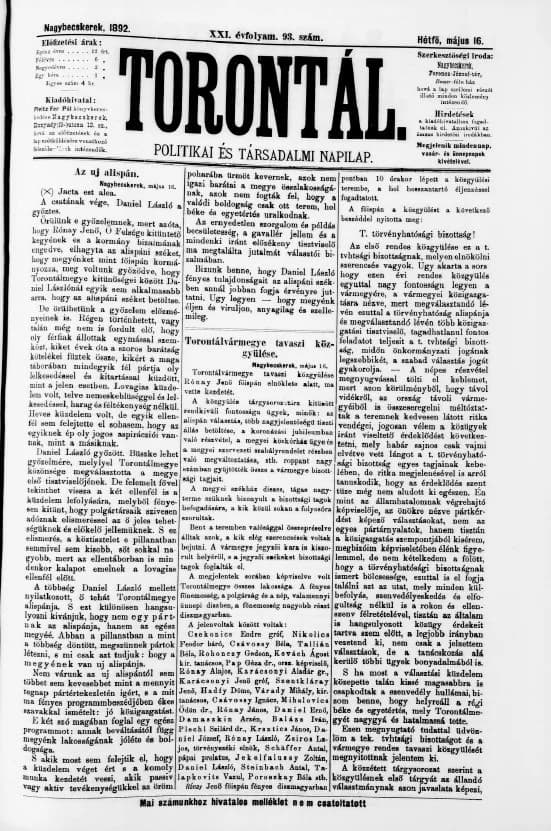 Torontál, 21. évf. 1892. május 16. 93. sz.