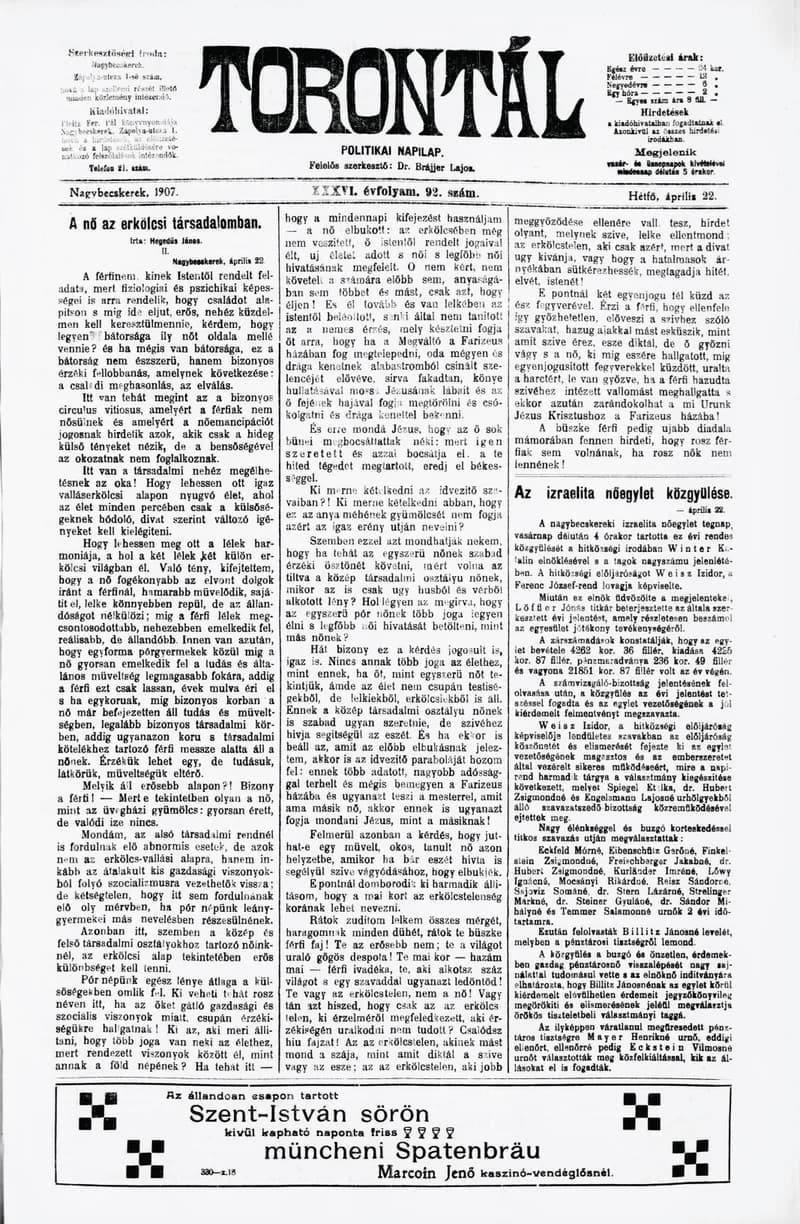 Torontál, 36. évf. 1907. április 22. 92. sz.