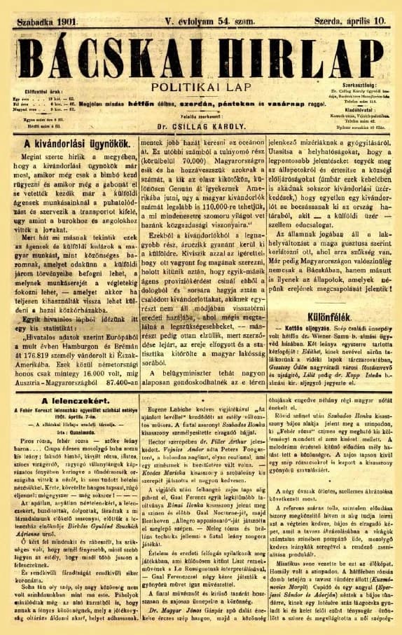 Bácskai Hirlap, 5. évf. 1901. április 10. 54. sz.