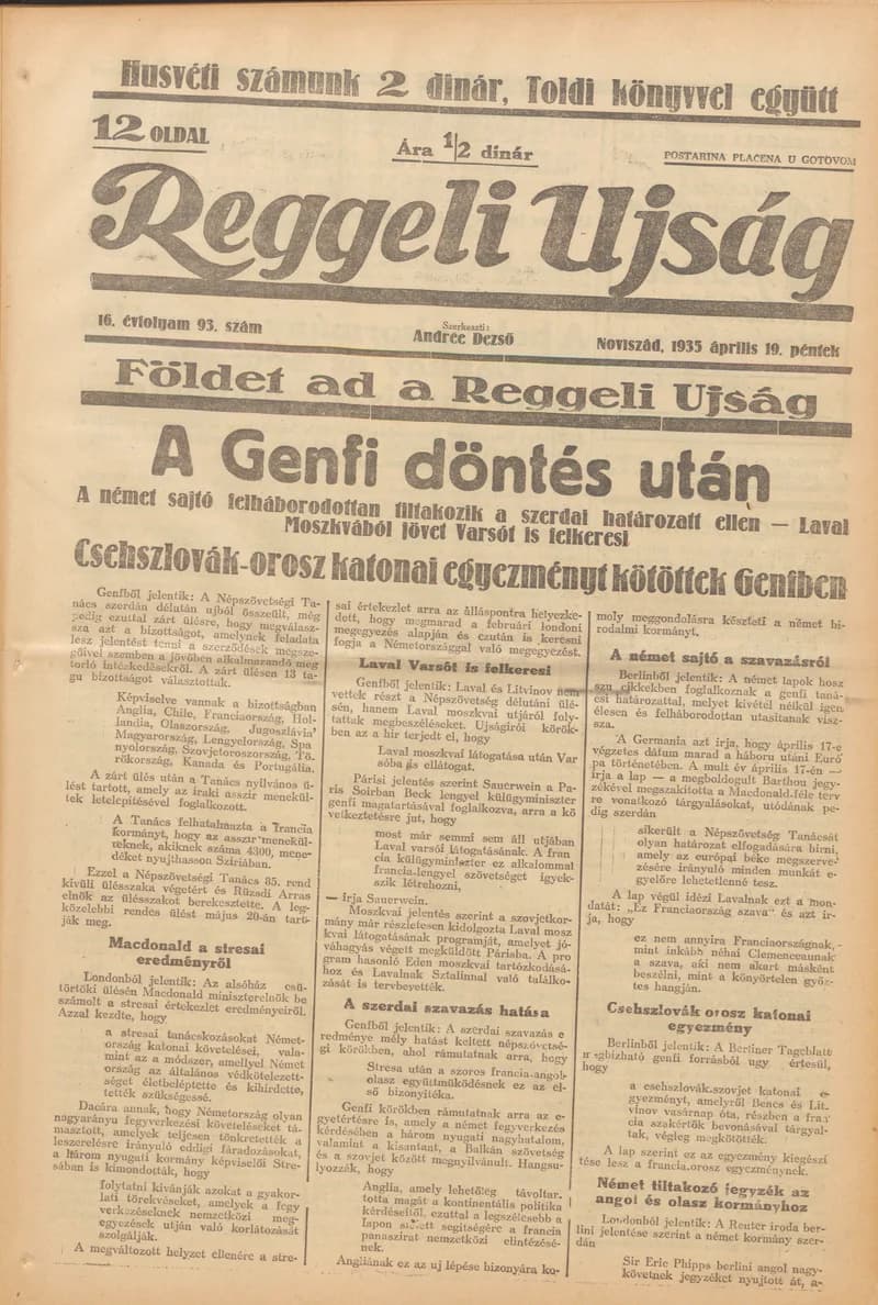 Reggeli Újság, 16. évf. 1935. április 19. 93. sz.