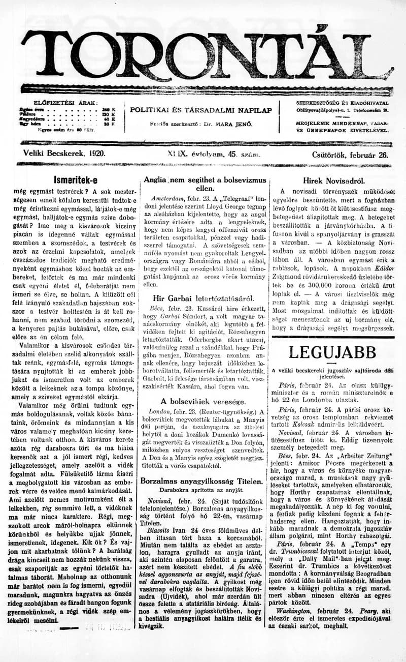 Torontál, 49. évf. 1920. február 26. 45. sz.