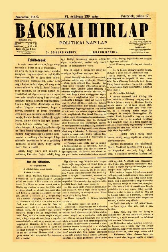 Bácskai Hirlap, 6. évf. 1902. július 17. 139. sz.