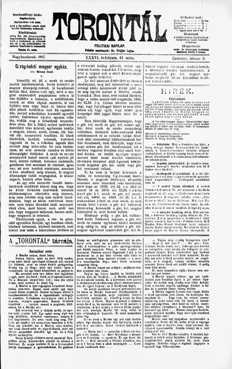 Torontál, 36. évf. 1907. február 21. 43. sz.