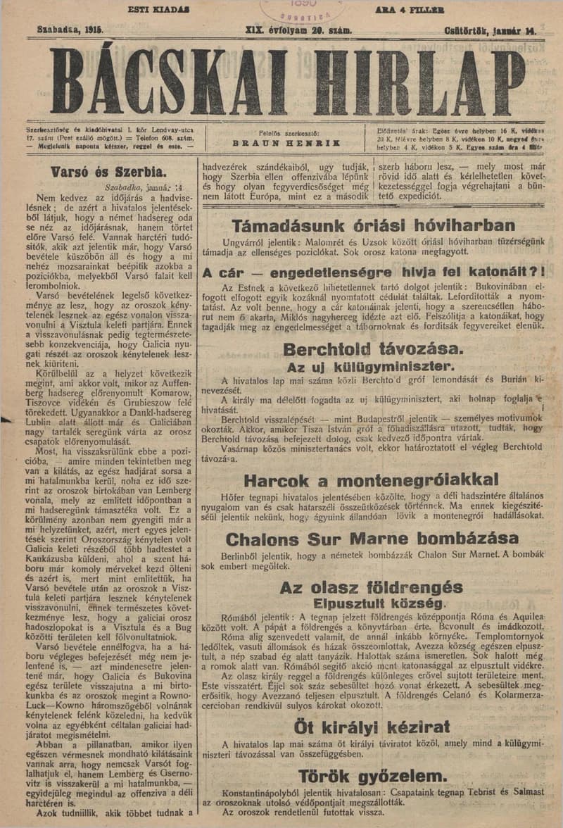 Bácskai Hirlap, 19. évf. 1915. január 14. 20. sz.