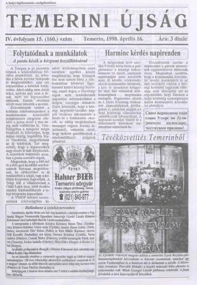 Temerini Újság, 4. évf. 1998. április 16. 15. sz.