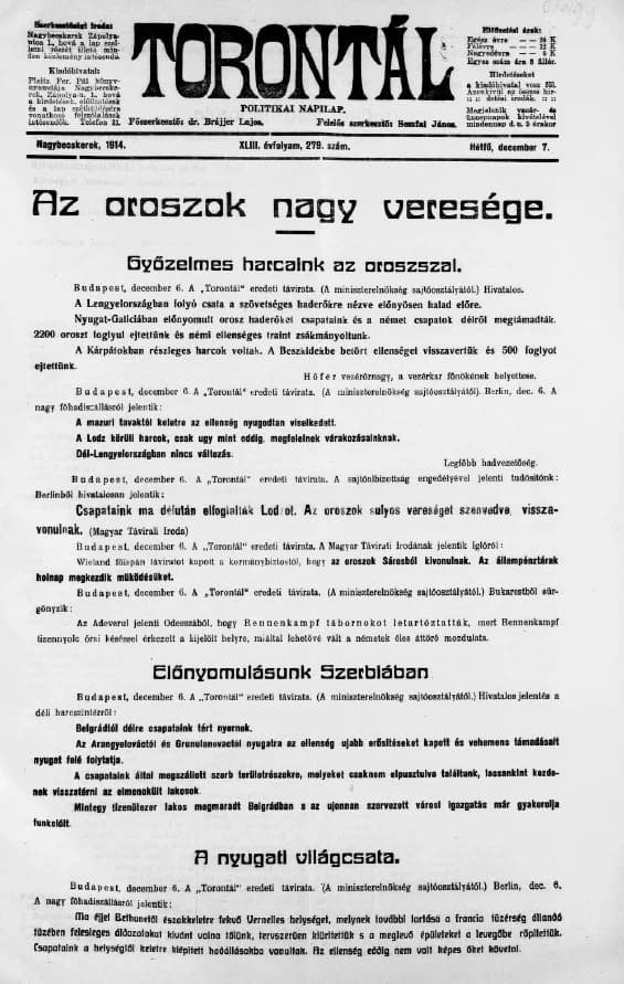 Torontál, 43. évf. 1914. december 7. 279. sz.