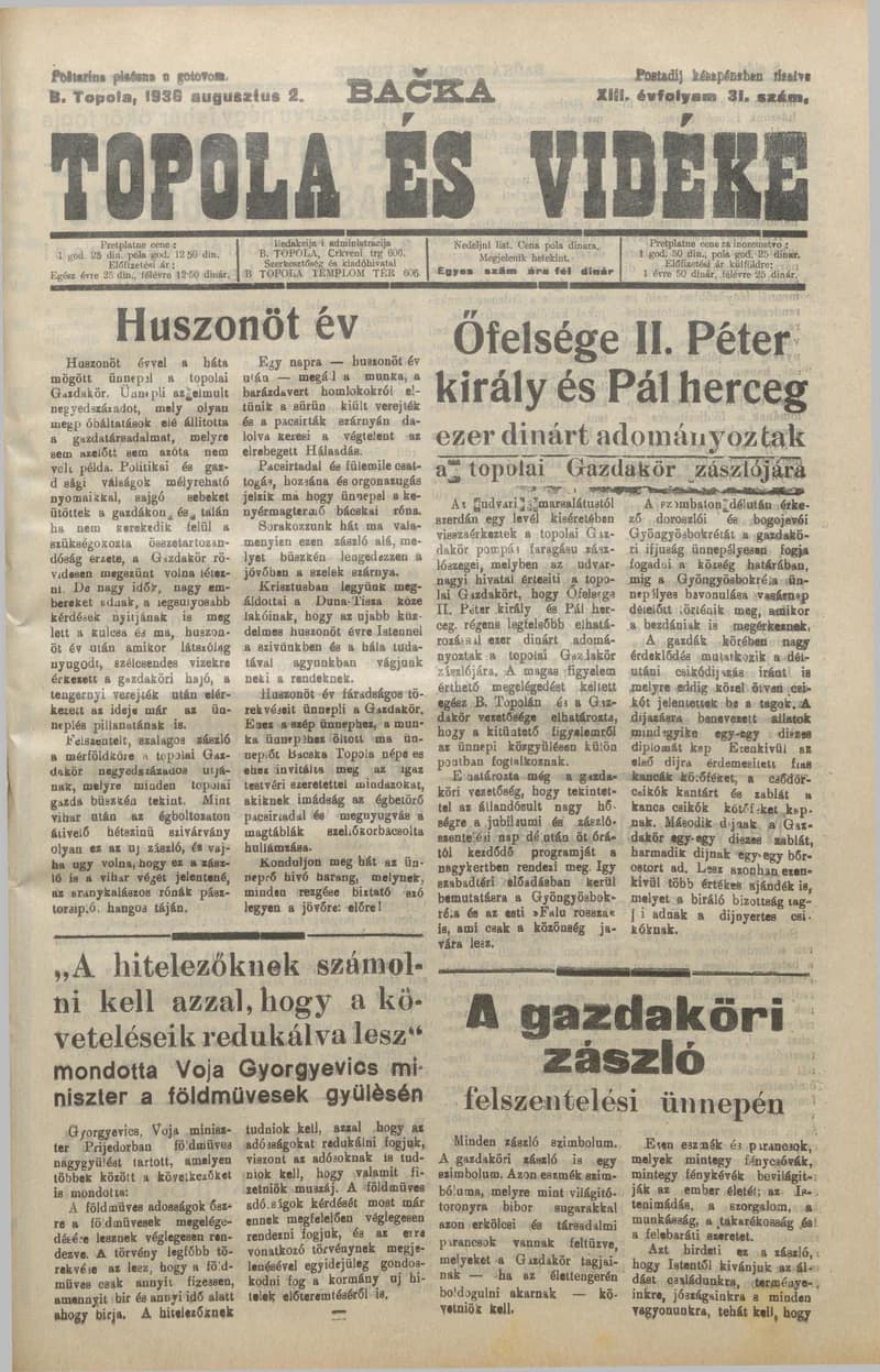 Bačka Topola és Vidéke, 13. évf. 1936. augusztus 2. 31. sz.