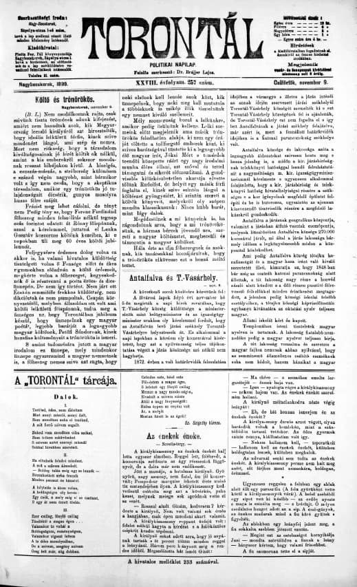 Torontál, 28. évf. 1899. november 9. 257. sz.