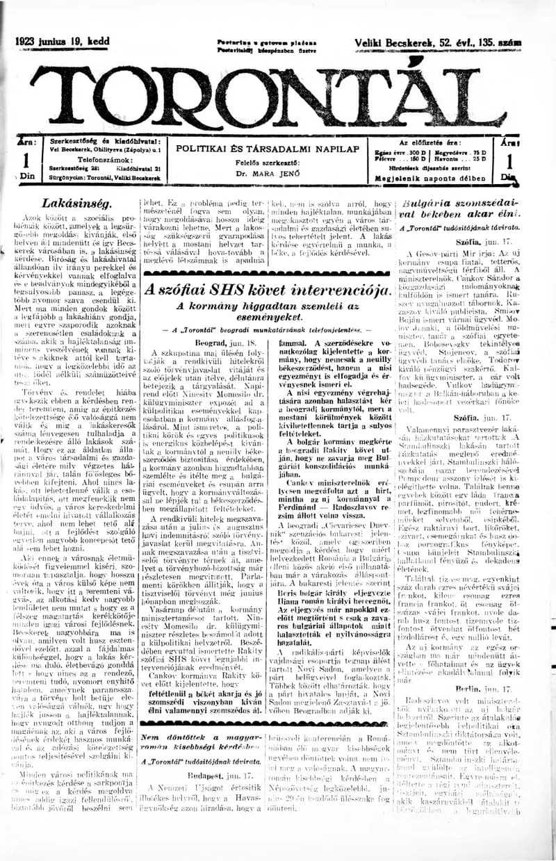 Torontál, 52. évf. 1923. június 19. 135. sz.