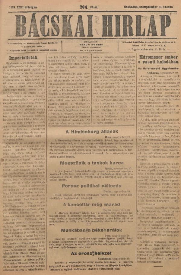 Bácskai Hirlap, 22. évf. 1918. szeptember 11. 204. sz.