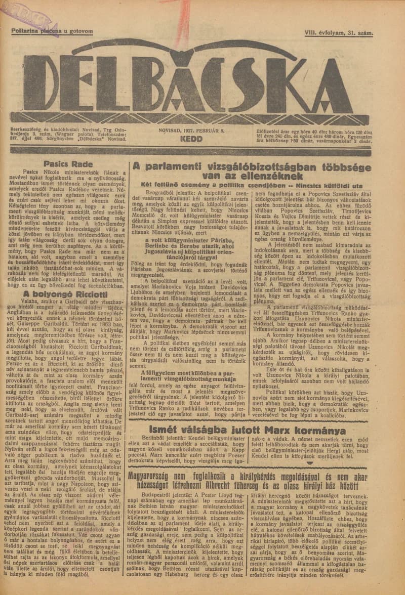 Délbácska, 8. évf. 1927. február 8. 31. sz.