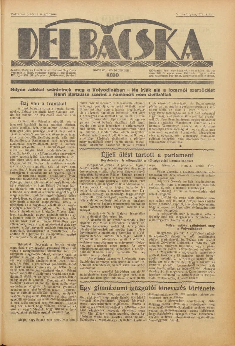 Délbácska, 6. évf. 1925. december 1. 279. sz.