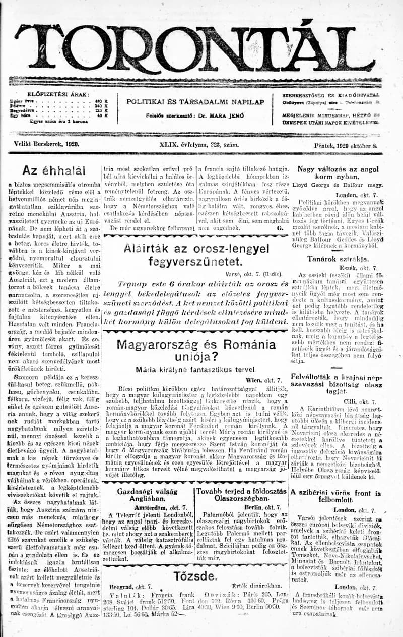 Torontál, 49. évf. 1920. október 8. 223. sz.