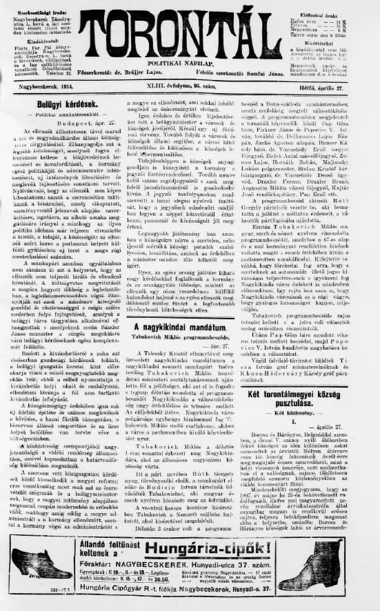 Torontál, 43. évf. 1914. április 27. 95. sz.