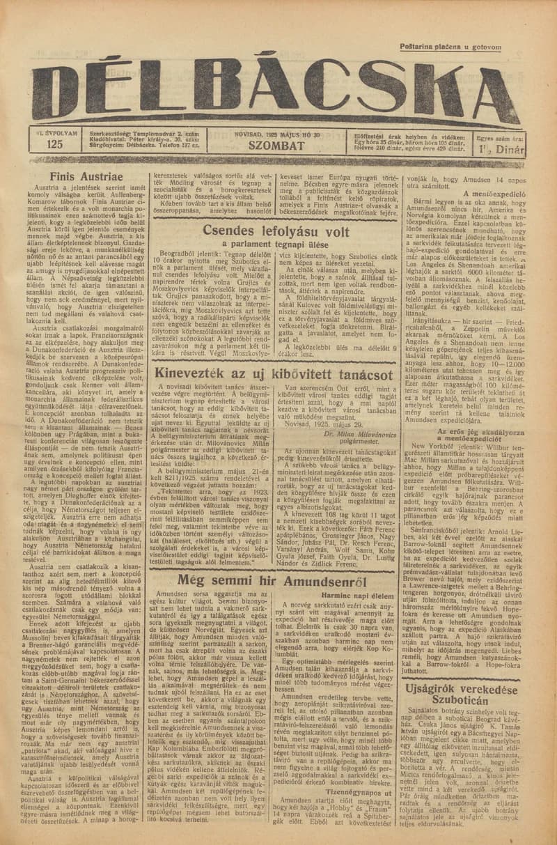 Délbácska, 6. évf. 1925. május 30. 125. sz.