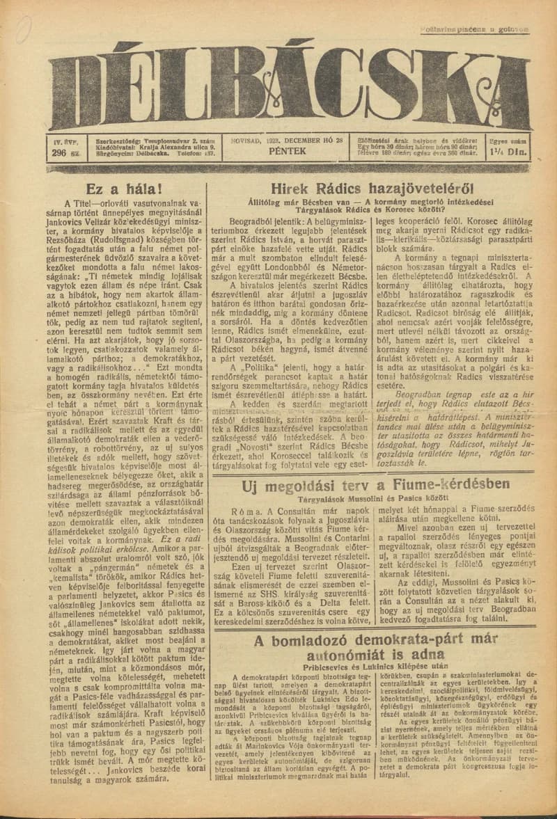 Délbácska, 4. évf. 1923. december 28. 296. sz.