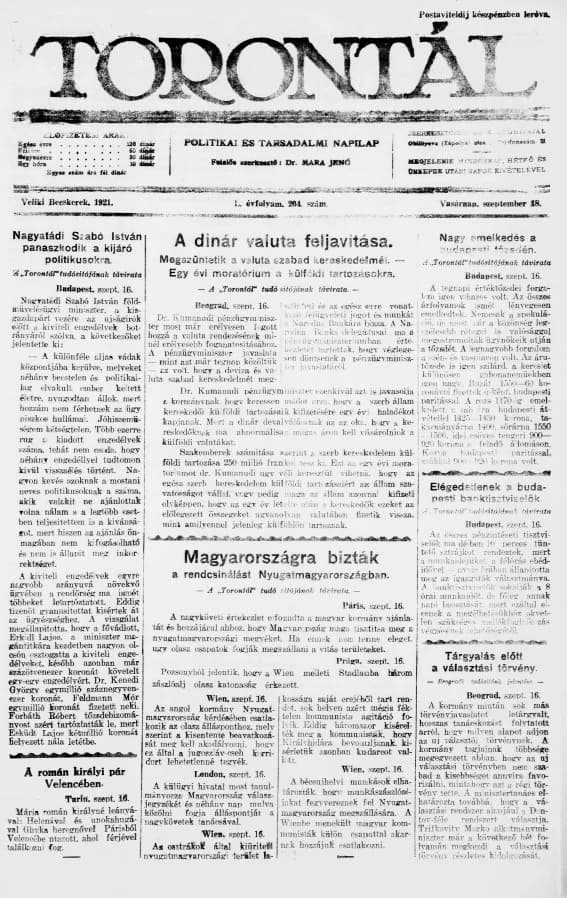 Torontál, 50. évf. 1921. szeptember 18. 204. sz.