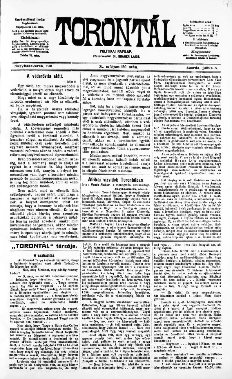 Torontál, 40. évf. 1911. július 5. 150. sz.