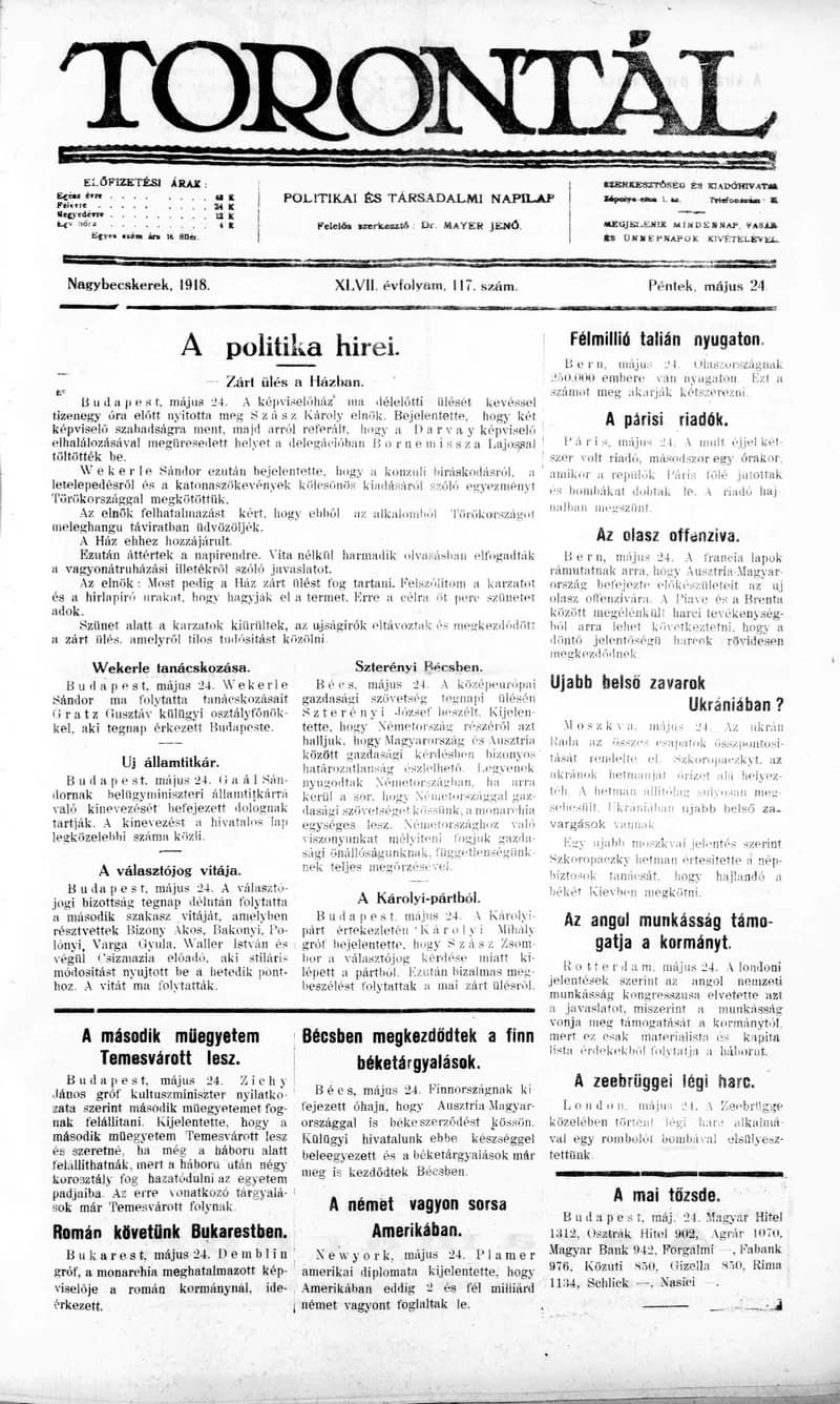 Torontál, 47. évf. 1918. május 24. 117. sz.