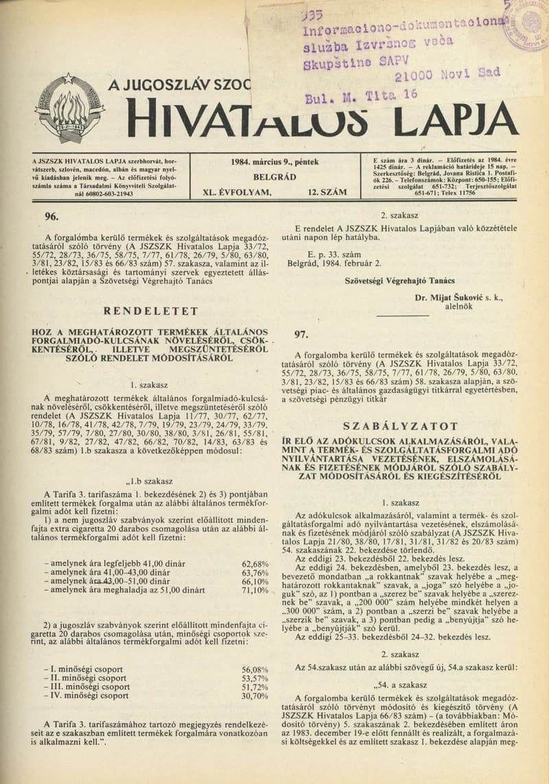A Jugoszláv Szocialista Szövetségi Köztársaság Hivatalos Lapja, 40. évf. 1984. március 9. 12. sz. 415–418. oldal