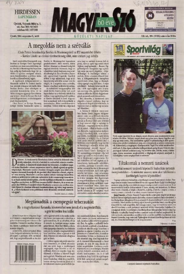 Magyar Szó, 61. évf. 2004. szeptember 6. 209. sz. 1–12. oldal