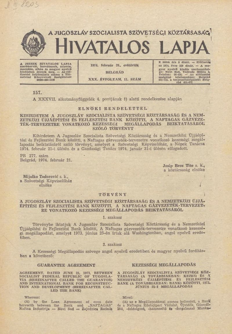 A Jugoszláv Szocialista Szövetségi Köztársaság Hivatalos Lapja, 30. évf. 1974. február 28. 11. sz. 285–304. oldal