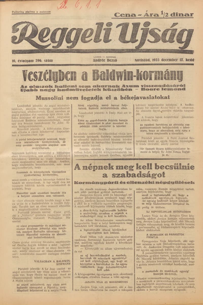 Reggeli Újság, 16. évf. 1935. december 17. 296. sz.