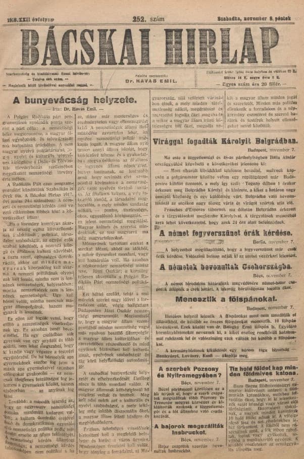 Bácskai Hirlap, 22. évf. 1918. november 8. 252. sz.