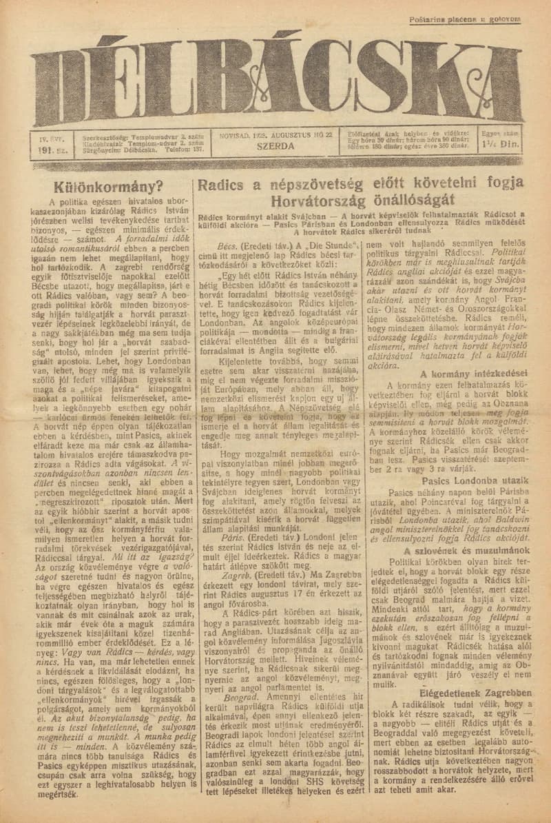 Délbácska, 4. évf. 1923. augusztus 22. 191. sz.