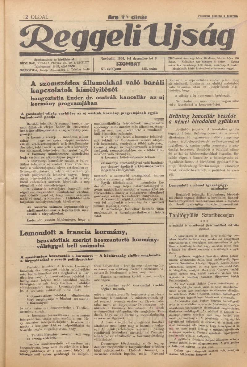 Reggeli Újság, 11. évf. 1930. december 6. 285. sz.