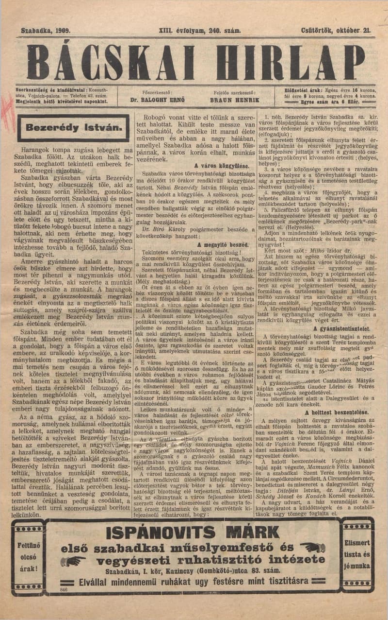 Bácskai Hirlap, 13. évf. 1909. október 21. 240. sz.