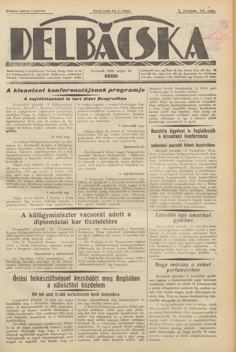 Délbácska, 10. évf. 1929. május 14. 112. sz.